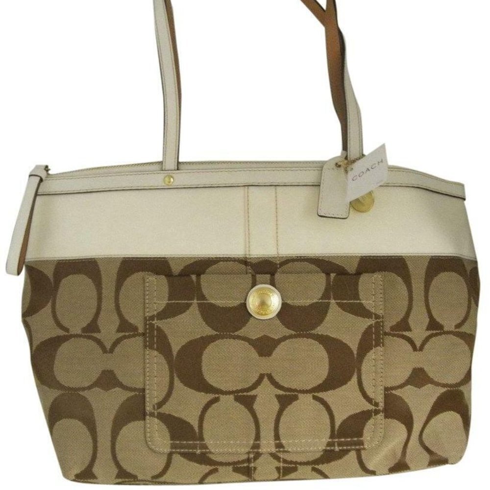 Coach Khaki/White Signature Stripe 11691 Khaki and White Canvas Tote